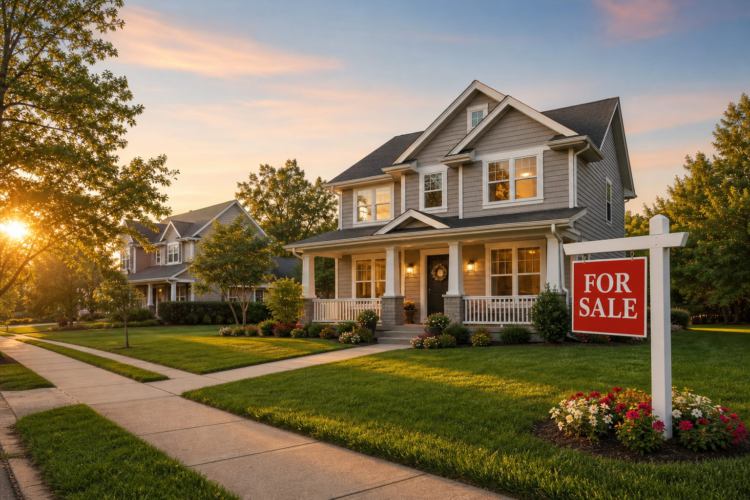 Cozy Home with For Sale Sign in Neighborhood