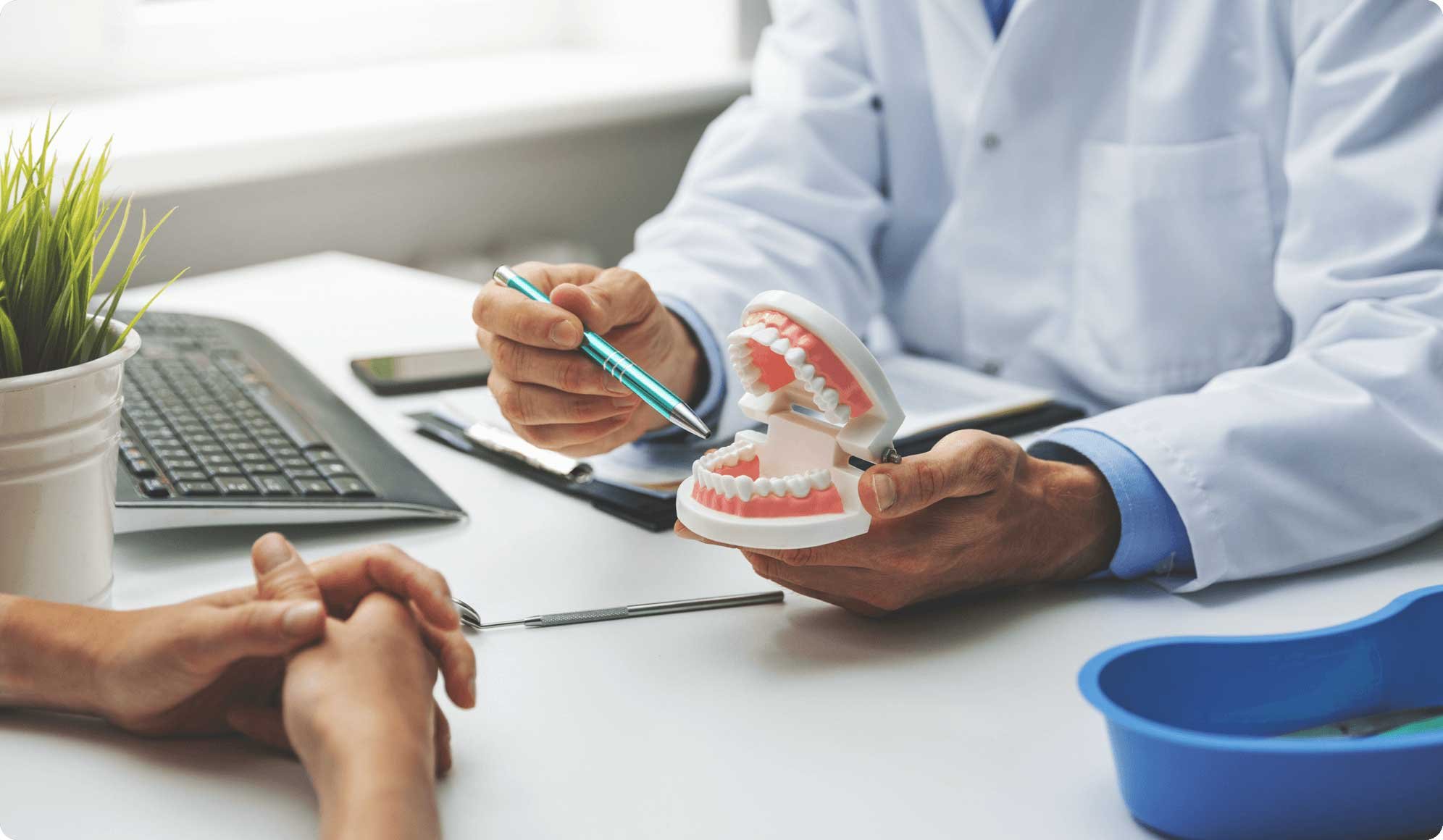 Dentist pointing to a model of human teeth with a pen.